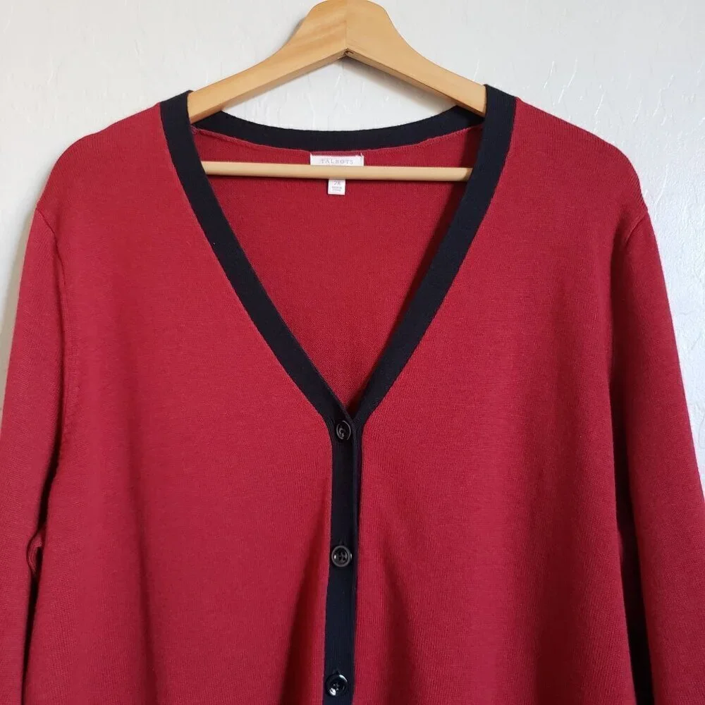 Talbots V-Neck Button Front Colorblock Cardigan Sweater Burgundy Women's 2X Plus